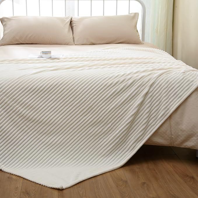 Vessia Flannel Fleece Striped Bed Blanket Twin Size(60x80inch), 300GSM Microfiber Cream Comfy Decor, Soft Warm Cozy Lightweight Ivory Ribbed Blanket for All-Season
