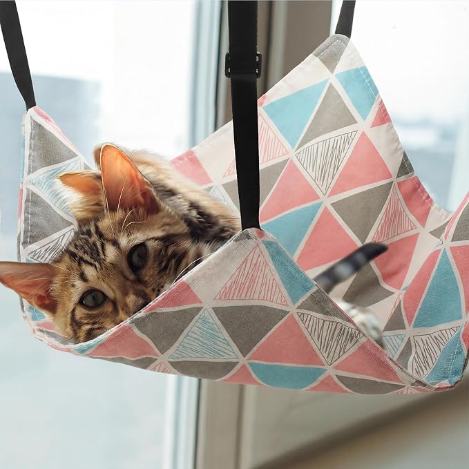 Jetec 2 Pack Cat Hammock for Cage, Geometry Pattern, L | Catio Accessories, Reversible Soft Cats Bed, Adjustable Straps and Hooks, Double-sided Linen, Fleece Hanging Hammock for Cats