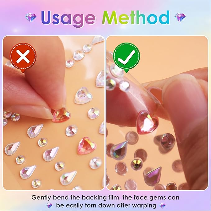 Erythem Face Gems for Women 7 Sheets Face Jewels Stick On Self Adhesive Rhinestones Stickers for Rave Carnival Music Festival Party