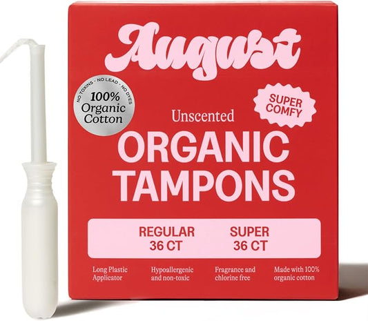 August Regular and Super Tampons - Easy-Glide Long Applicators - 72-Pack (36 + 36) 100% Organic Cotton Tampons for Women, Non-Toxic, Fragrance-Free, and Hypoallergenic