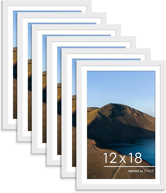12x18 Picture Frame Set of 6, Wall Mount Display, White | Display Pictures 11x17 with Mat or 12x18 Without Mat, Horizontal or Vertical, Gallery Wall Frame Set, Wedding Birthday Gifts