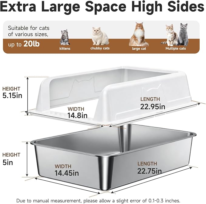 High-Sided Stainless Steel XL Cat Litter Box for Cats | High-Sided Design Prevents Urine Leakage,Non-Stick,Easy to Clean,Includes Scoop,White