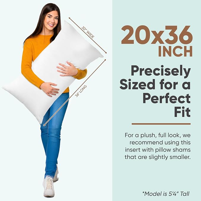 Pillowflex Synthetic Down Pillow Insert 20x36 in - Karate Chop Pillow | Large Rectangle Sham Form, Plush Polyester Cotton Blend, Cloud-Like Comfort, Clump-Resistant Fill, Smooth Elegant Finish