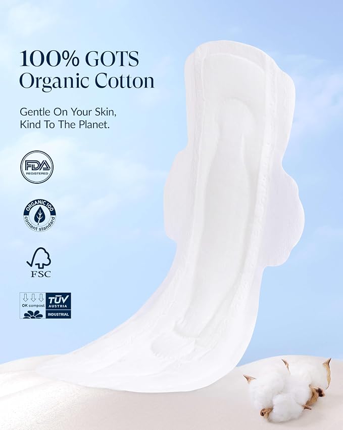 RPE Life 100% GOTS Organic Cotton Overnight Pads, Size 6, 30 Count | Size 6 extra long pads with wings; max absorption for overnight, postpartum, and heavy flow period care.