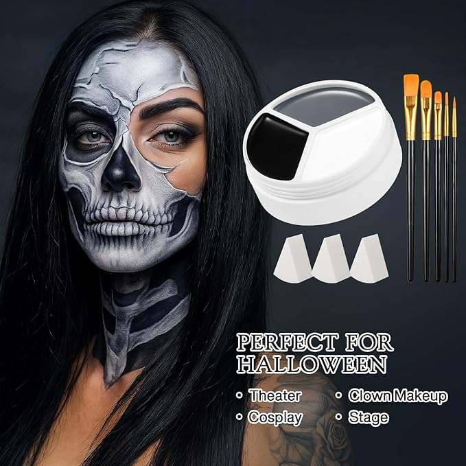 Black White Gray Face Paint Palette – Oil-Based Grease Makeup 3-in-1 Jar with 5 Brushes & 3 Sponges – Waterproof, Sweat-Proof, Easy On & Off SFX Makeup for Halloween, Cosplay, Gothic & Stage Looksy