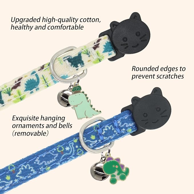 Cat Collars for Boy Cats, 2 Pack Breakaway Cotton Kitten Collar with Bells and Removable Charms, Cute Dinosaurs Shaped