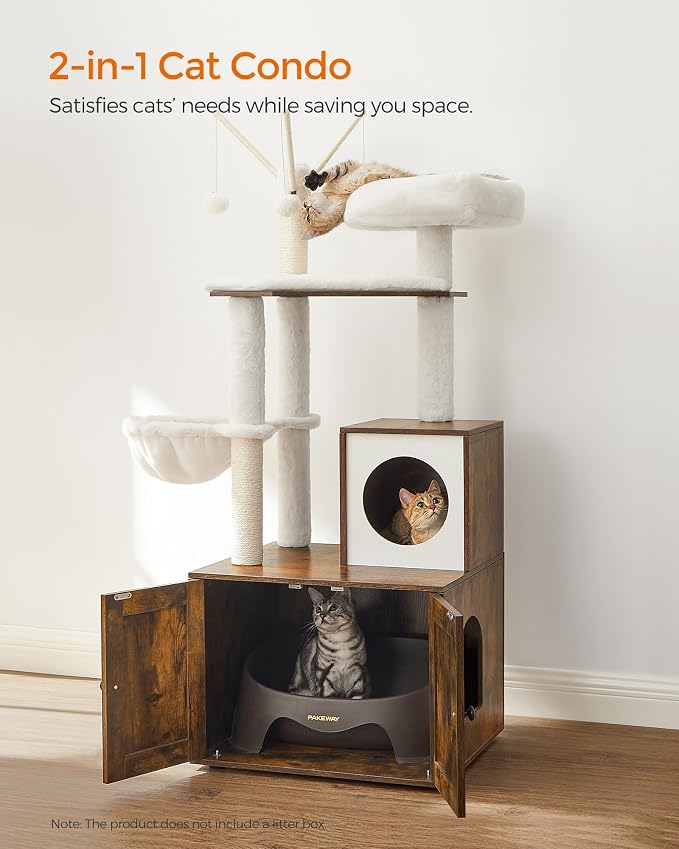 Feandrea Cat Tree with Litter Box Enclosure, 59-Inch Modern Cat Tower | 2-In-1 Condo with Scratching Posts, Washable Removable Cushion, Rustic Brown UPCT113X01