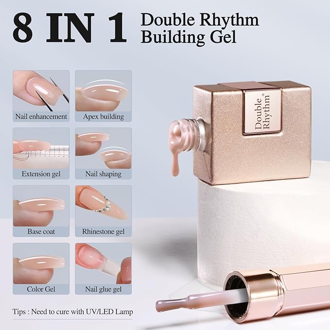 Double Rhythm Clear Gel Nail Polish 15ml Nail Strengthener Builder in a Bottle Nail Extension Hard Gel Soak Off Long Lasting UV Gel (Baby Nude 8 in 1-9)