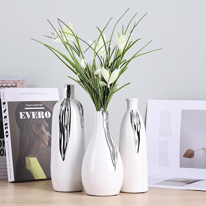 White and Silver Vase Set of 3, Modern Ceramic Decorative Vases for Living Room, Bedroom, Art Decor, Mantle, Home Event Decor, Office Decorative, Weddings, Rustic & Farmhouse (White Silver)