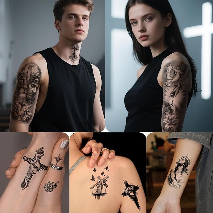 48 PCS Large Christian Temporary Tattoos Stickers Adult Men Women Kids Full Half Arm Sleeve Jesus Cross God Christ Catholic Religious Realistic Body Shoulder Arm Fake Tattoos Stickers Waterproof