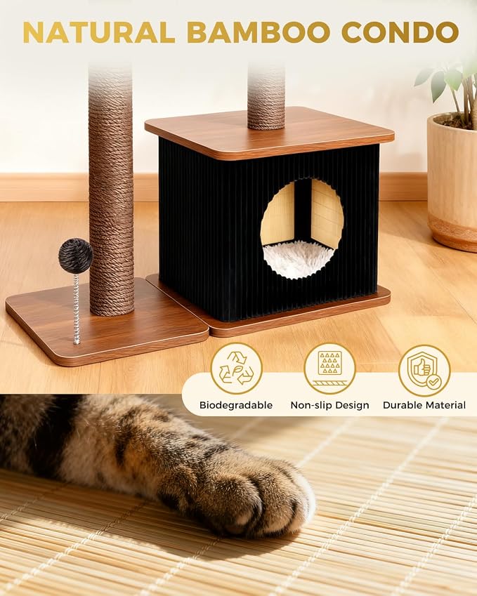 Small Cat Tree for Indoor Kittens, 30" Compact Modern Cat Tower | Natural Bamboo Cozy Condo, Soft Padded Perch, Sisal Scratching Post, Dangling Ball Toy, Stable Base, for Cats up to 15 lbs