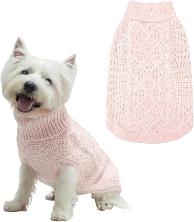 Mihachi Turtleneck Dog Sweater - Winter Coat Apparel Classic Cable Knit Clothes with Leash Hole for Cold Weather, Ideal Gift for Pet in New Year Rosy Small/Medium