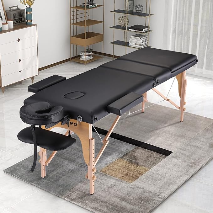 Portable Massage Table Massage Bed Professional SPA Reiki Eyelash Salon Bed, Wooden Frame Height Adjustment & Accessories, Black (3-Section)