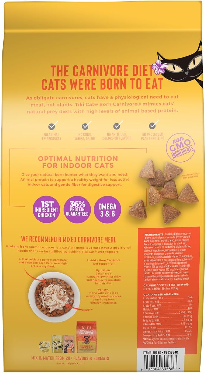 Tiki Cat Born Carnivore Dry Cat Food, Chicken & Turkey Meal, 3 lbs. Bag | Crunchy Kibble Texture for Indoor Cats, Real Animal Protein, Non-GMO Ingredients, Supports Immune and Digestive Health
