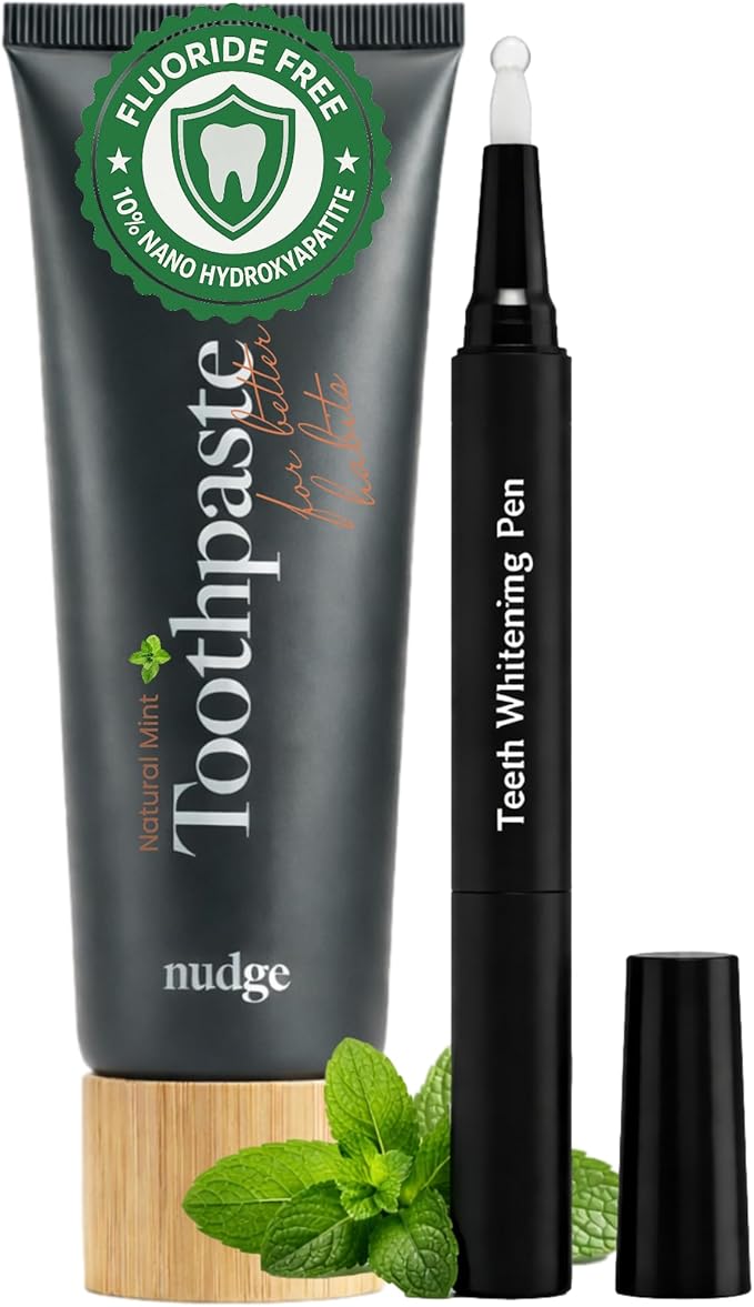 Nudge Advanced Whitening Kit, 10% Nano Hydroxyapatite Remin+ Toothpaste (4.5 oz) & EnamelGuard Whitening Gel Pen (2 ml), Fluoride-Free, Sensitivity-Friendly, Plaque Control, Strengthens Teeth