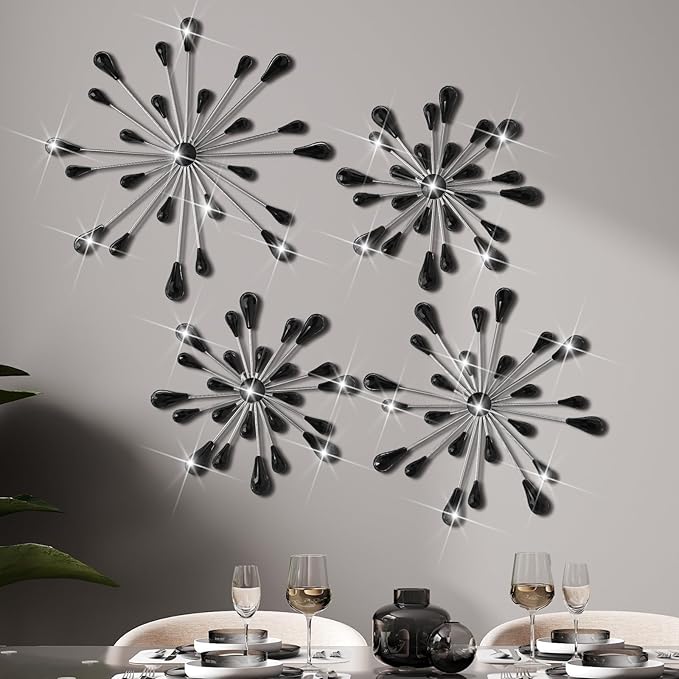Hicarer 4 Pcs Starburst Wall Decor Bling Wall Art Crystal Teardrop 3D Hanging Rhinestone Radial Metal Artwork Modern Accent Sculptures Decorations for Living Room Home Office Bedroom(Black Diamond)