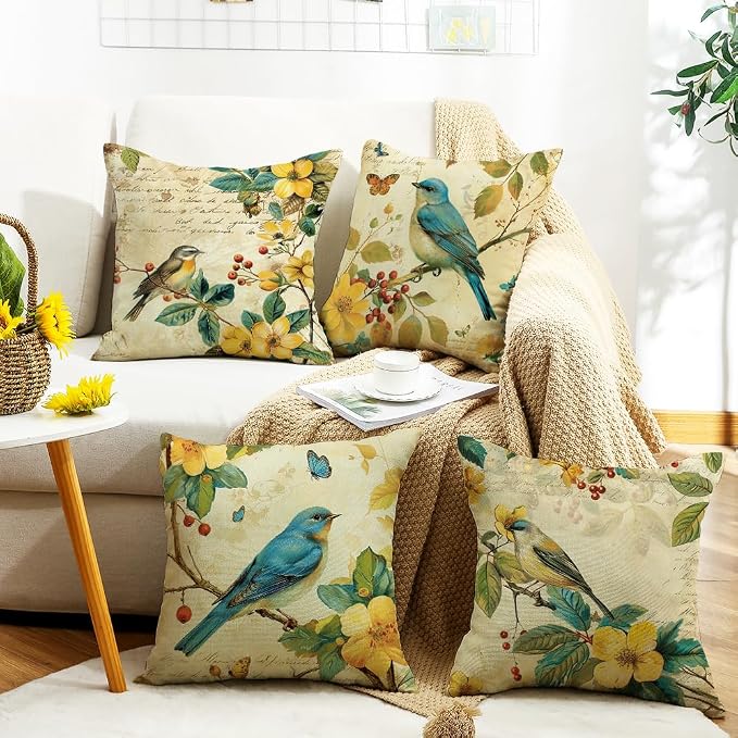 wyooxoo Spring Pillow Covers 18x18 Set of 4 Summer Farmhouse Throw Pillow Covers Floral Bird Decorative Cushion Cases for Sofa Couch Outdoor Bedroom