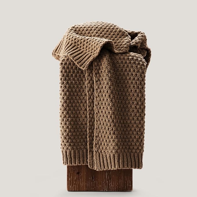 EVERGRACEHOME Chunky Chenille Knit Throw Blanket, 60 x 80, Camel Brown | Sculpted Moss Stitch, Chic Modern Farmhouse, All-Season Warmth, OEKO-TEX® Certified, Elegant Blanket for Couch, Bed, Sofa