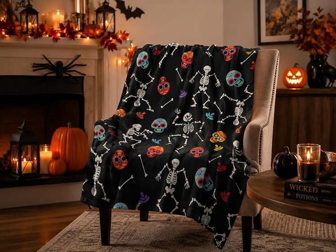Halloween Fleece Throw Blanket, Dancing Skeletons & Sugar Skulls, 50x70 in | Ultra-soft cozy flannel fleece, for sofa couch bed chair & dorms, spooky Halloween décor, durable and machine washable.