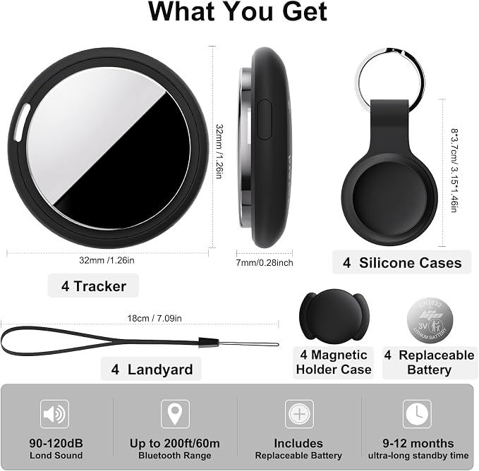 Air Tracker Tag Works with Apple Find My (iOS Only) Includes Replaceable Battery, Bluetooth Smart Item Locator Key Finder for Keys, Luggage, Wallet, Pet, Dog, Cat (Black, 4-Pack)