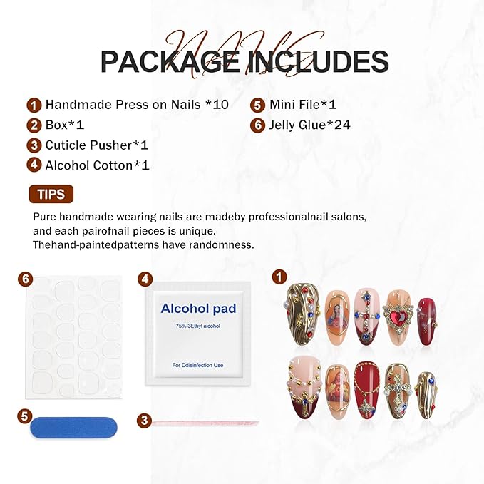 Handmade Press On Nails Almond, Luxury French Tips 3D Divine Ornate Design Short Fake Nails, Salon-Quality Reusable, Fall/Winter Gift for Women, 10Pcs