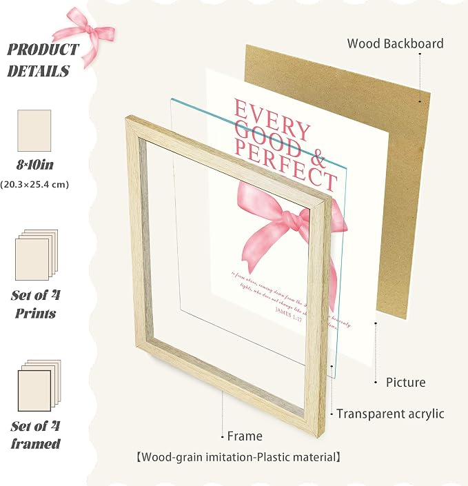 LARTSFRO Coquette Pink Bow Wall Art Decor Posters, Pink Bow Room Bedroom Bathroom Dorm Wall Art Decor Aesthetic for College Teen Girls Gifts, Inspirational Bible Verses Bow Wall Decor, 10x8 Inch Set of 4 Pcs Bow Pictures (WOOD-GRAIN FRAMED)