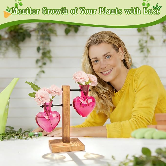 XXXFLOWER Plant Propagation Station Terrarium 2 Pink Heart Shaped Vase | Terrarium Kit Bulb Glass Metal Desk Plant Holder, Retro Air Plants Water Plants, Home Office Decoration