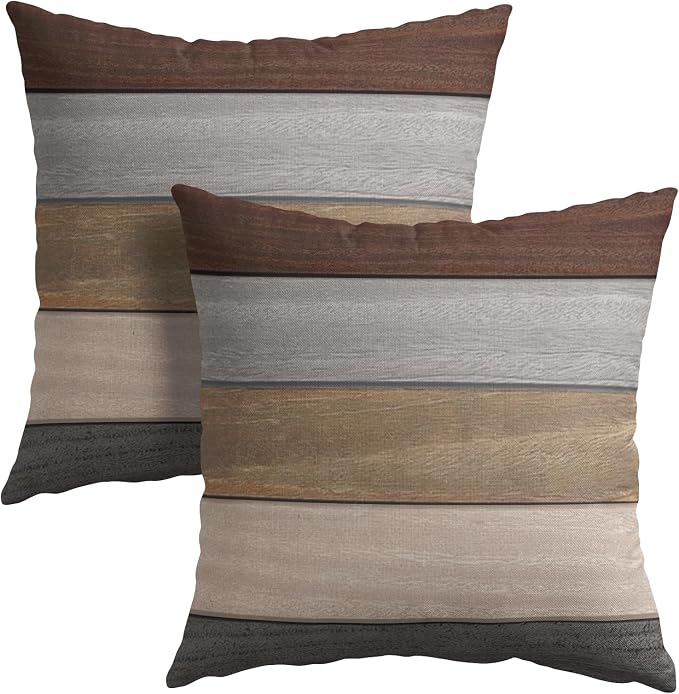 Kawani Grey Brown Wooden Pillow Covers 22x22 Inches Rustic Wood Grain Cotton Linen Square Pillow Cushion Cases for Bed Sofa Patio Porch Home Decor Housewarming Gifts Set of 2