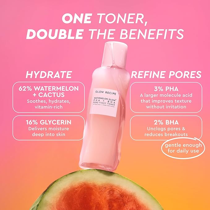 Glow Recipe PHA + BHA Face Toner - Korean Skin Care Pore Minimizer & Gentle Facial Exfoliator for Tightening, Hydrating & Exfoliating - Glycerin, Watermelon & Cactus Water (150ml)