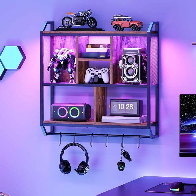 HOOBRO Gaming Floating Shelf with LED Lights, 28.7" LED Wall Mounted Shelf, 3-Tier Display Rack for Wall Storage, Floating Rack with Hanging Rod and 6 S-Hooks, Rustic Brown and Black BF70DBJ01