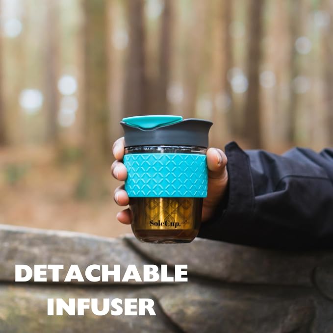 Travel Mug Loose Tea Infuser - Detachable Tea Strainer with Spillproof Lid - BPA-Free Reusable Glass Travel Coffee Cup with Silicone Band (Black, 12oz)