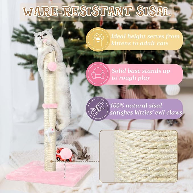 ANWA 32" Tall Sisal Cat Scratching Posts Tree for Indoor Cats Adults, Pink | Sisal Cat Scratcher, Small Space, Cat Post with Dangling Plush Toys for Indoor Cats, 15.7" Stable Base, Cat Furniture