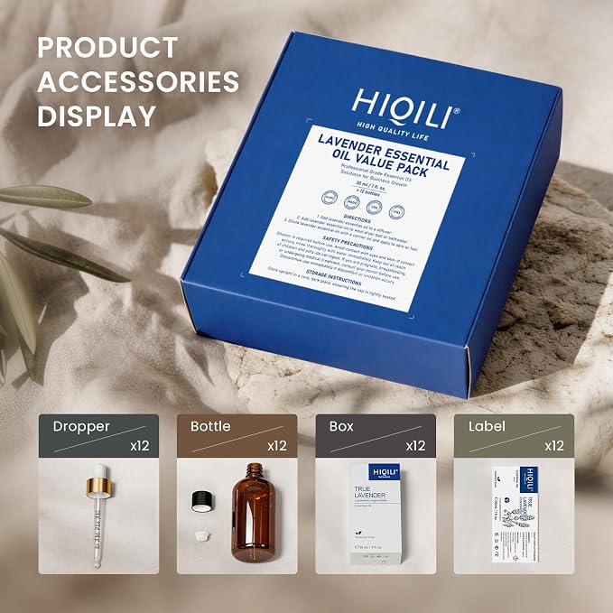HIQILI Lavender Essential Oil Set-1 fl oz (12 Pack), Bulk Wholesale for Business, for Diffusing, DIY & Body Care, Ideal for Hotel, Beauty Salon, Craft Studio, Holiday Gift & Home Use