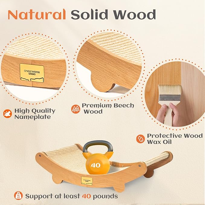 Sisal Cat Scratcher Bed, Wooden Cat Furniture(Extra Large) | Cat Hammock For Scratching Pad And Lounge. Natural Sisal Scratch Post. Space-Saving Cat Chair Design. Indoor Multi-Cat Home