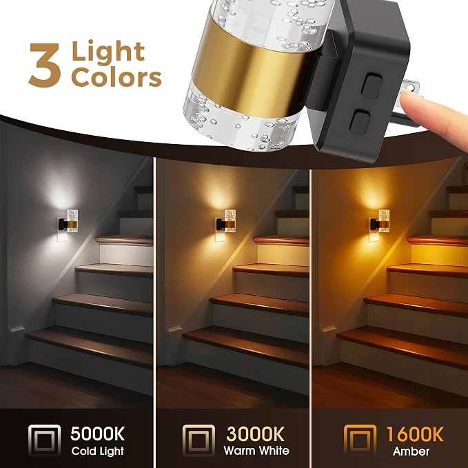 L LOHAS LED Night Lights Plug into Wall, Dusk-to-Dawn Sensor Night Light | 2 Pack Soft White/Cool White/Amber 3 Light Color, Adjustable Brightness, Rotatable plug, Bubble Nightlight for Hallway