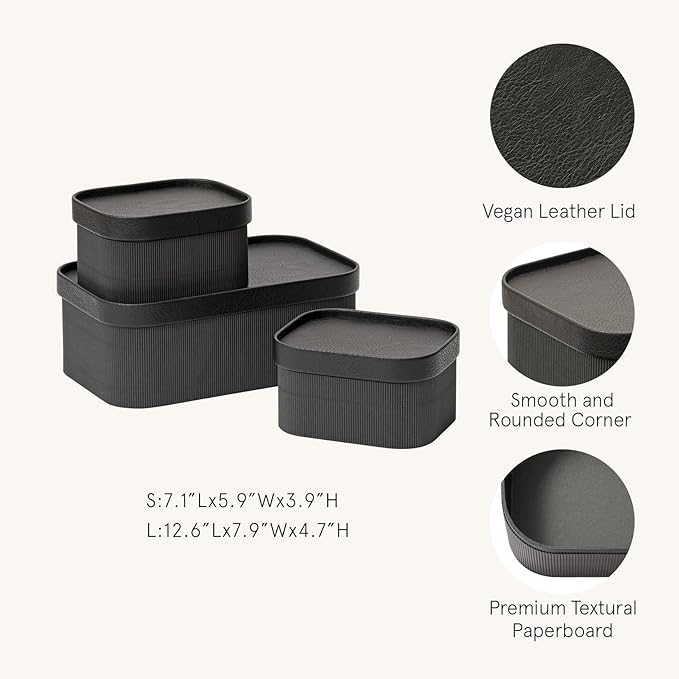 LA JOLIE MUSE Decorative Storage Boxes with Lids Faux Leather, Black 3 Pack | Vegan Leather Lids, Fluted Cardboard Storage Basket, Organizer for Jewelry, Shelves, Bedroom & Closet Storage Memory Box