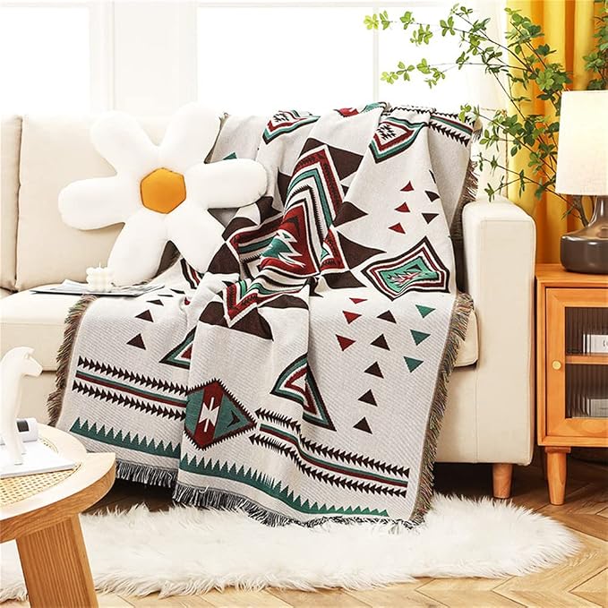 Homesy Aztec Throw Blanket Native Southwestern Bed Blankets 51"x63" White | Southwest Decor,Boho Style,Sofa Chair Cover,Outdoor Beach Car Tent Travel Camping Use,Tapestry,Reversible and Tassels