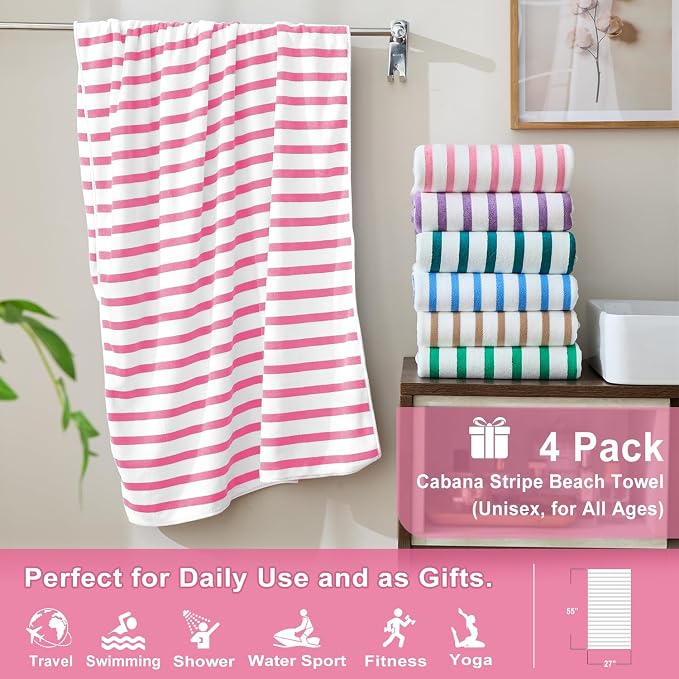 JML Microfiber Beach Towels, Bath Towel Set (4 Pack, 27" x 55") - Extra Large, Soft, Absorbent, Fast Drying, Multipurpose for Hair, Bathroom, Swimming, Fitness, Sport, Yoga -Stripe Pink
