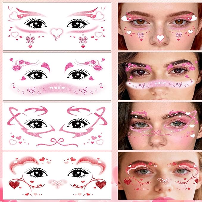 Valentine's Day Temporary Tattoos Hearts Bow Blush Face Tattoos Mixed Styles Cartoon Pink Red Love Bowknot Eye Fake Tattoos Cute Stickers Waterproof Face Stickers for Girls Body Art Makeup 10 Sheets