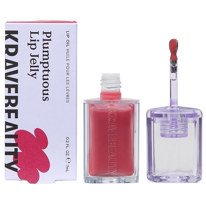 KraveBeauty Plumptuous Lip Jelly 0.24 fl oz, Antioxidant-rich Lip Oil with a Sheer & Buildable Tint, Non Sticky Formula For Fuller Looking Lips, Vegan & Cruelty Free, Guava Blush