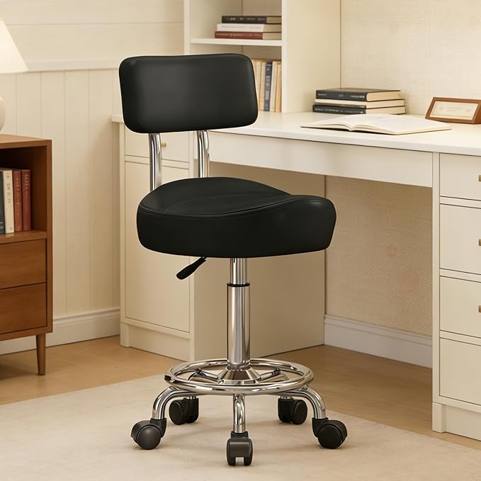 Saddle Stool with Back and Ring Pedal, Adjustable Hydraulic Rolling Chair with Wheels for Salon, Spa, Medical, Massage & Drafting Use Black
