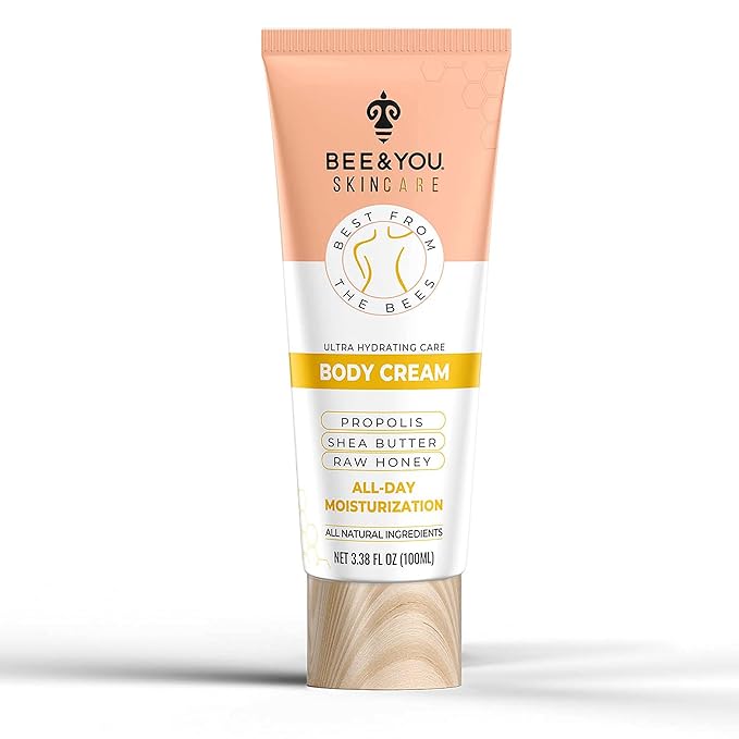 BEE and YOU Ultra Hydrating Body Cream Moisturizer, Shea Butter, Argan Oil, Vitamin B5, Raw Honey and Propolis Extract, 100% Natural, Fast Absorbing Skin Care, 3.38 fl. Oz