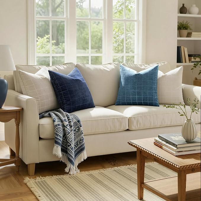 MIULEE Blue Plaid Decorative Throw Pillow Covers 20x20 Set of 2 | Vintage, Check Chenille Couch Pillows, Neutral Boho Farmhouse Cushion Covers, Modern Home Decor for Sofa Bed Living Room
