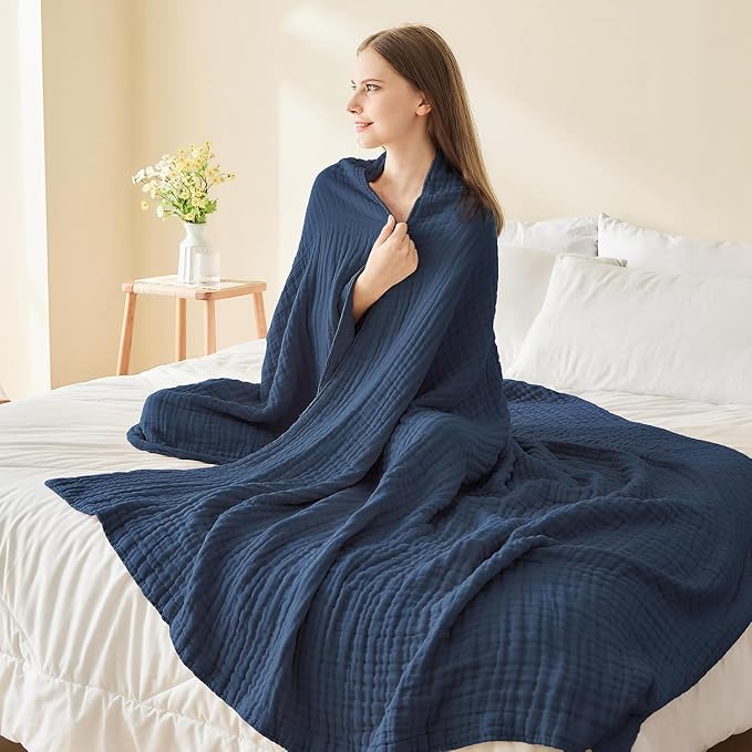 EMME Muslin Blankets for Adults Throw Blanket for Couch Breathable Gauze Soft Lightweight Airy Navy Throw XL 50" x 71"