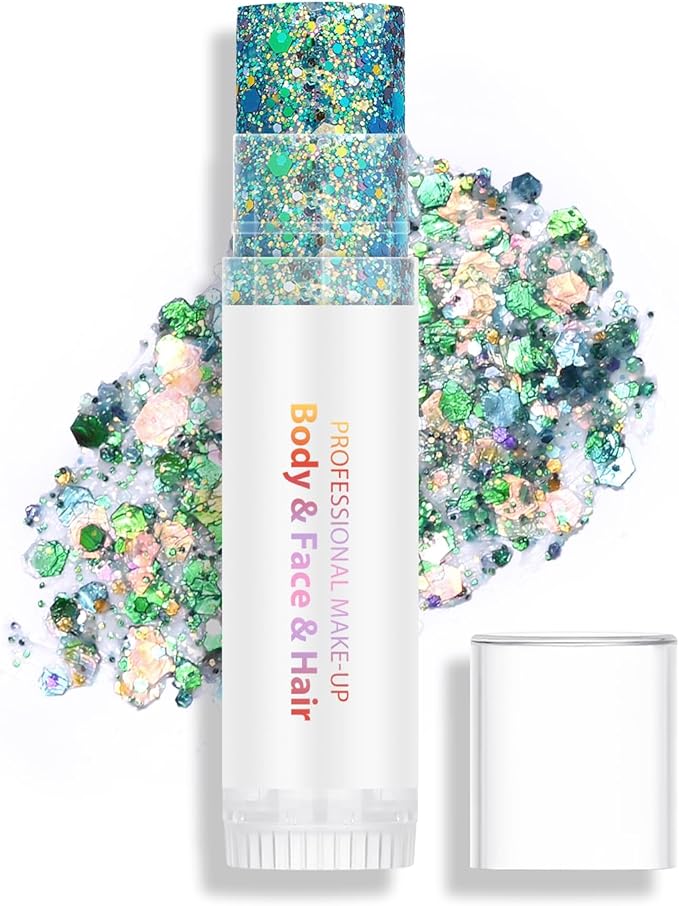 Green Blue Body Hair Face Glitter Stick, Holographic Sequins Face Sparkle Glitter Gel Neon Outfit for Women Face Paint St Patricks Day Rave Festival Mermaid Chunky Makeup