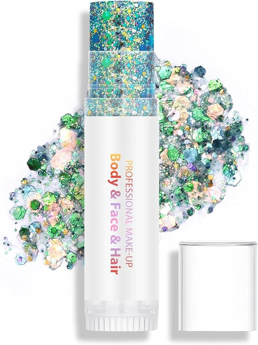 Green Blue Body Hair Face Glitter Stick, Holographic Sequins Face Sparkle Glitter Gel Neon Outfit for Women Face Paint St Patricks Day Rave Festival Mermaid Chunky Makeup