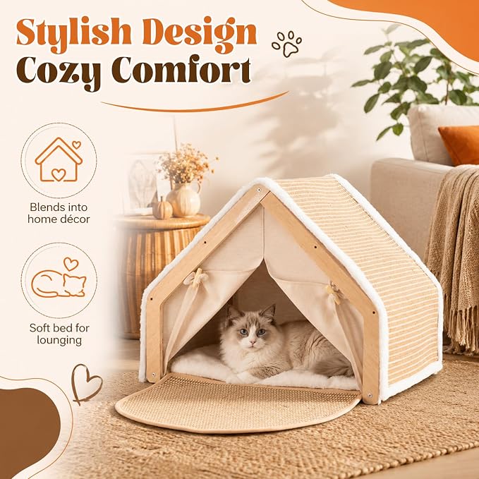 SATINIOR Cat Houses for Indoor Cats with Scratcher Board, Sturdy Wood Frame Cat Bed Cave with Curtains and Floor Scratching Pad Rug, Protect Couch and Carpets