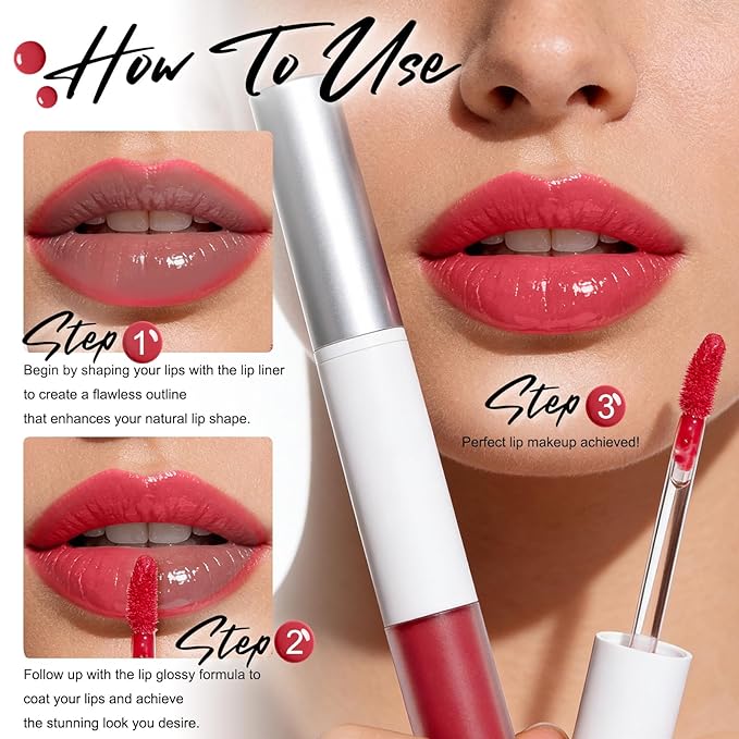 Dual-Head Lip Liner and Gloss Pen, Moisturizing Smooth Long Lasting Waterproof Smudge Proof for Perfectly Defined Lips and Glossy Finish Ideal for Makeup Lovers 02