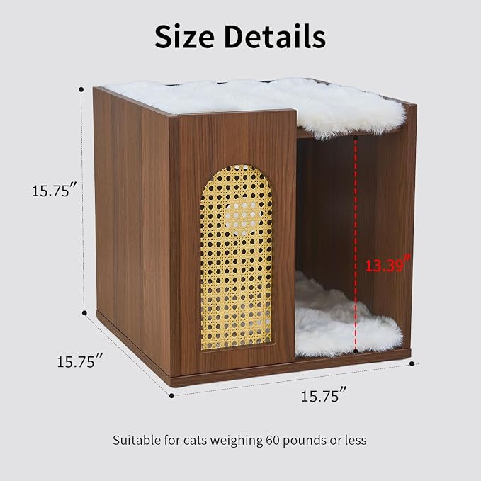Wooden Indoor Cat House Suitable for Pets Under 66 Lbs, for Large Cats, Sturdy & Durable Semi-Enclosed Cat Bed Condo with Removable Washable Plush Cushion,Easy Video Assembly