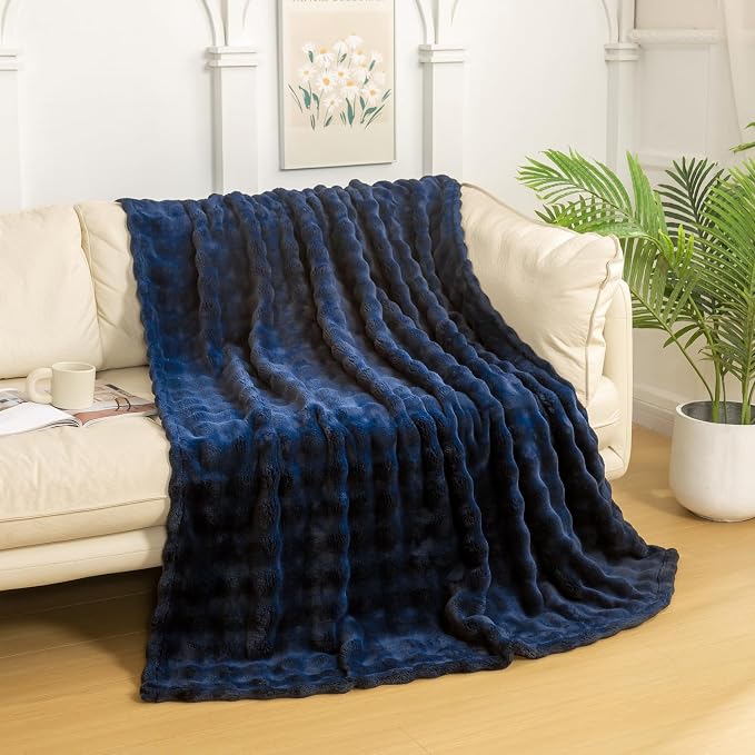 YUSOKI 3D Fleece Bubble Throw Blanket,Navy Blue, 50"x60" | Ultra Soft, Non-Shedding, Lightweight for All Season Use, stays fluffy after repeated washes, Perfect Gifts, Machine Washable